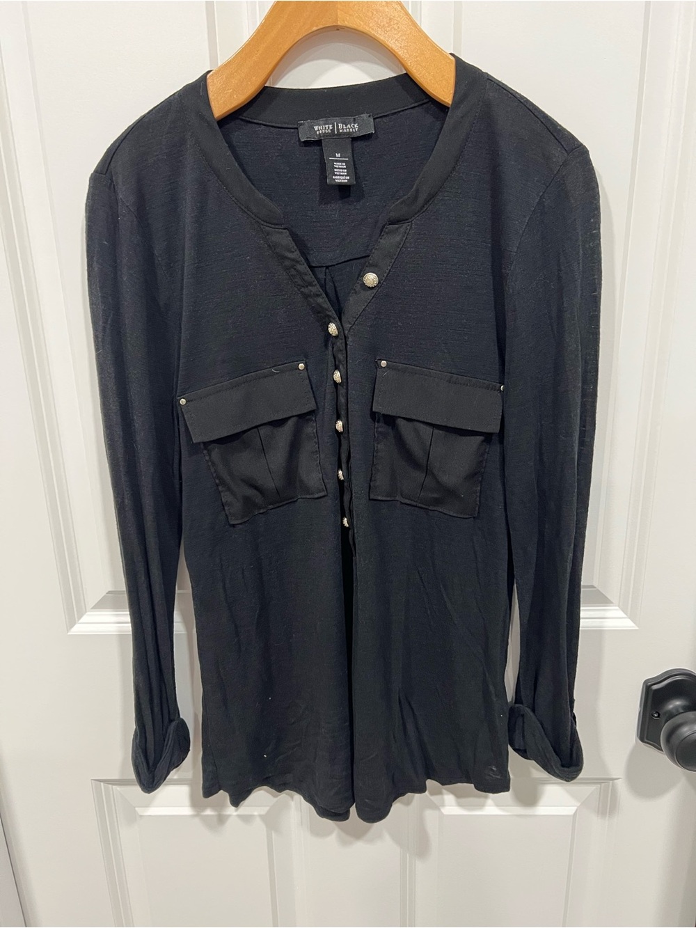 White House Black Market Black Long-Sleeve Button Pocket Blouse